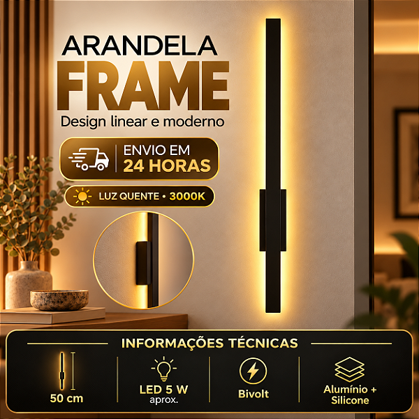 Arandela Traço Frame Linear Reta LED 6w 50cm 3000K-Preto