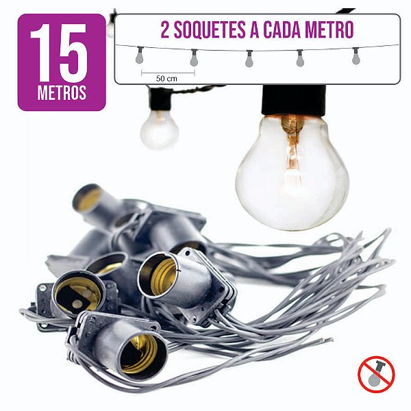 Varal de Lâmpadas - Cordão de Luz 15m + 2 Soquetes p/ Metro