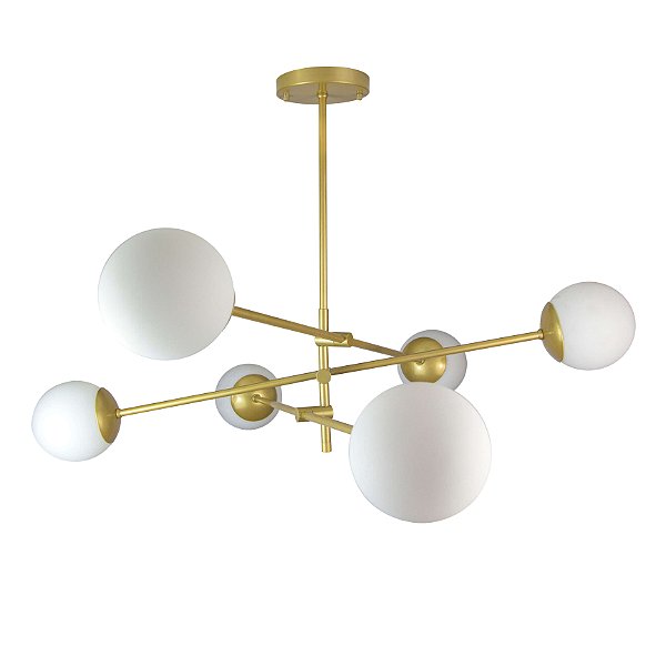 Lustre Lirio com 6 Globos Esfera de Vidro Branco - Ouro
