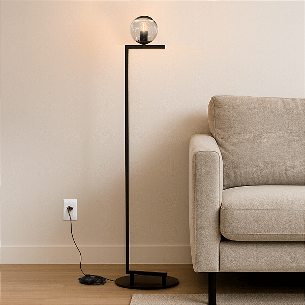 Abajur Coluna Minimalista Piso DOT PRETO C/ Globo de Vidro CRISTAL
