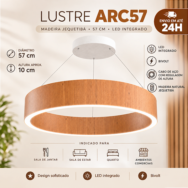 Lustre Madeira Luxo Grande Redondo 57cm - ARC57 - JEQUETIBA - LED Branco Frio