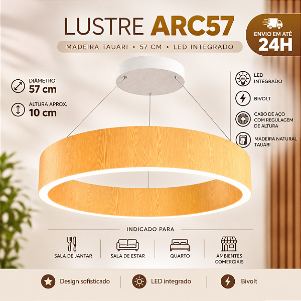 Lustre Madeira Luxo Grande Redondo 57cm - ARC57 - TAUARI - LED Branco Quente