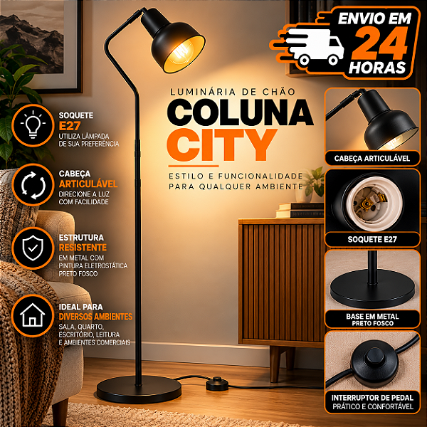 Luminária Coluna Abajur Piso Chão Spot City - PRETO