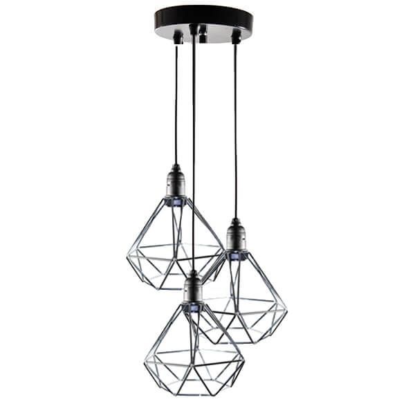 Lustre com 3 Pendentes Aramados Diamante - CROMADO