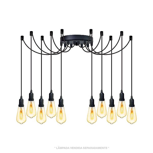 Lustre Aranha com 10 Pendentes  (2 m cabo preto+ soquetes + canopla)