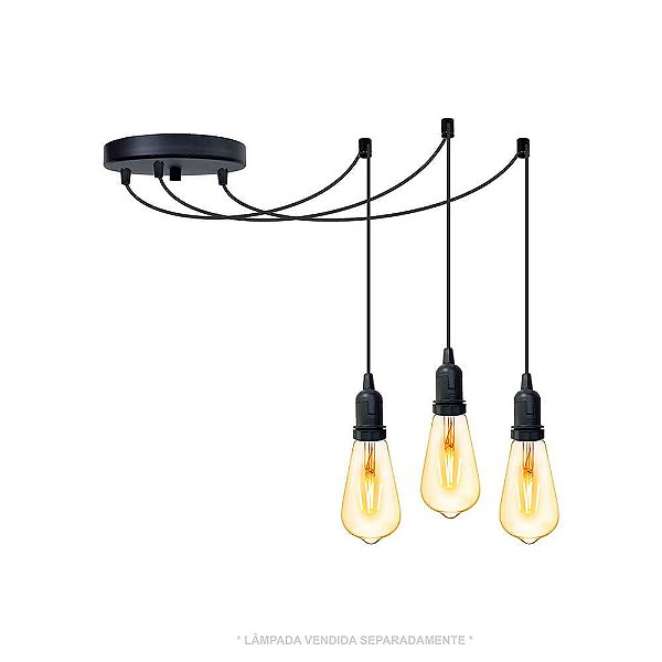 Lustre Aranha com 3 Pendentes  (2m cabo preto + soquetes + canopla)