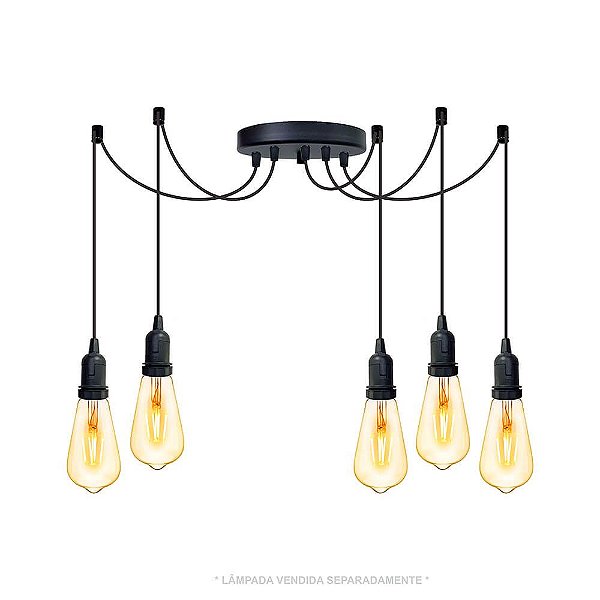 Lustre Aranha com 5 Pendentes  (2m cabo preto + soquetes + canopla)