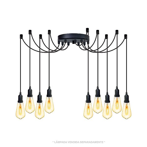 Lustre Aranha com 9 Pendentes  (2m cabo preto+ soquetes + canopla)