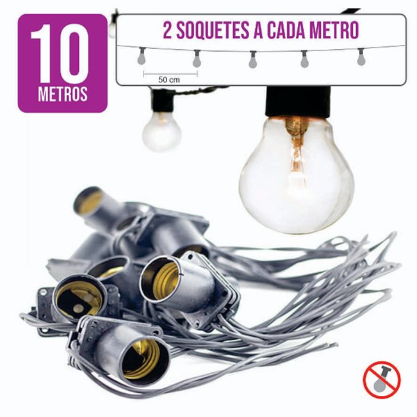 Varal de Lâmpadas - Cordão de Luz  10 m + 2 Soquetes p/ Metro