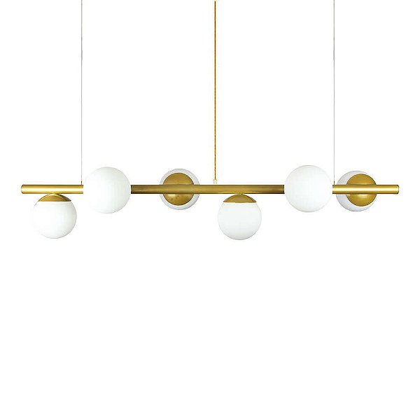 Lustre Pendente Figo OURO - 6 Globos Esfera de Vidro Branco