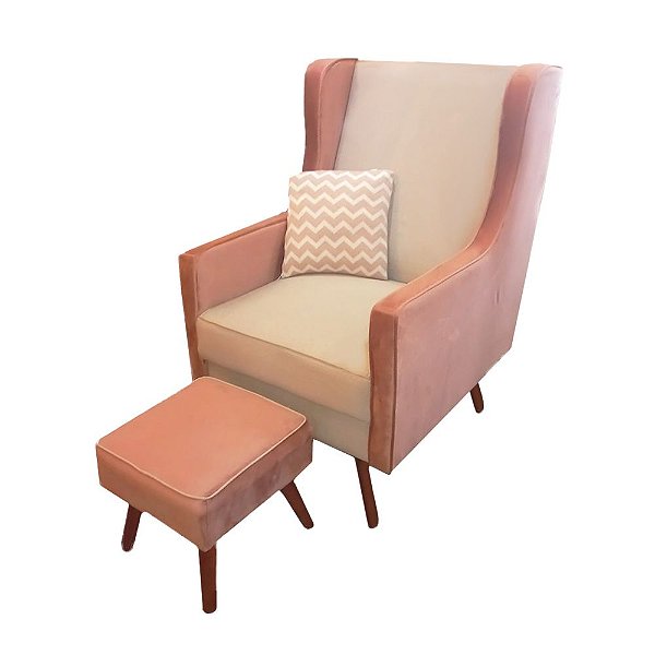 Poltrona Amamentação e Decoração Retrô Rosê e Palha com PUFF