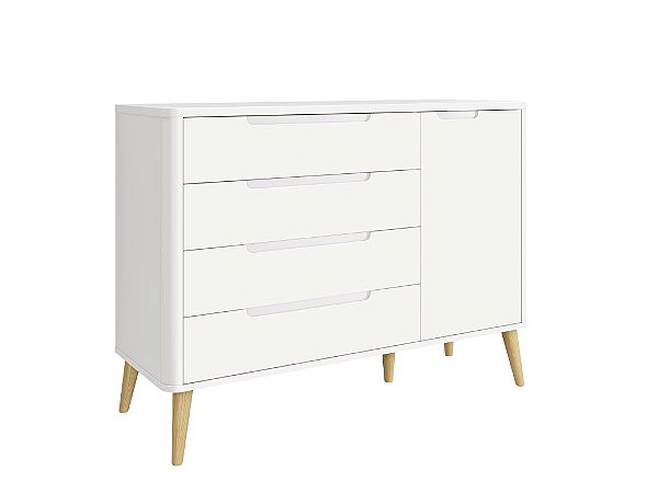 Cômoda Sapateira Boom Retrô 4 Gavetas 1 Porta Pés em Madeira Natural Reller