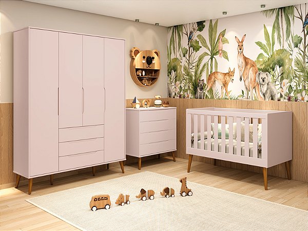 Quarto de Bebê Completo Elfe Retrô Pés Madeira Natural Reller