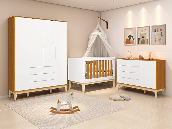Quarto de Bebê Completo Elfe Classic com Cômoda Sapateira e Pés em Madeira Natural Reller