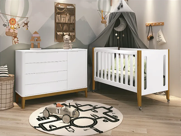 Berço Tom 3 Em 1 e Cômoda Boom Pés Madeira