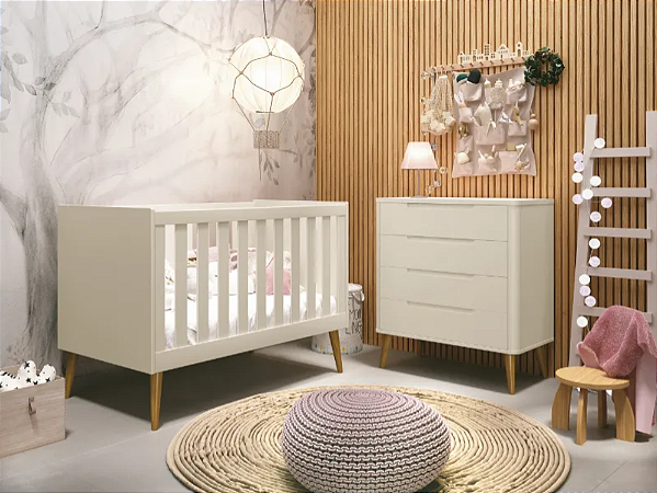 Berço Noah e Cômoda Boom Retrô Pés Madeira Reller