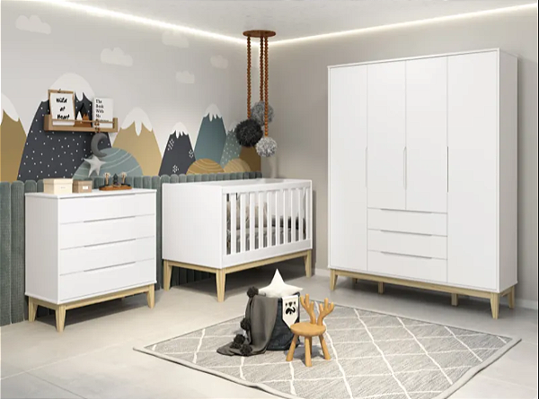 Quarto de Bebê Elfe Classic com Cômoda Gaveteira e Pés de Madeira Natural Reller