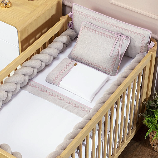 Kit Berço Trança Linho Rosê com Bordado Delicado, 100% Algodão 6 Peças - Batistela Baby