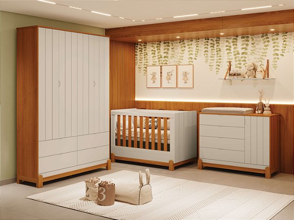 Combo Lotus Frisos Berço + Cômoda Sapateira + Roupeiro - Móveis Reller