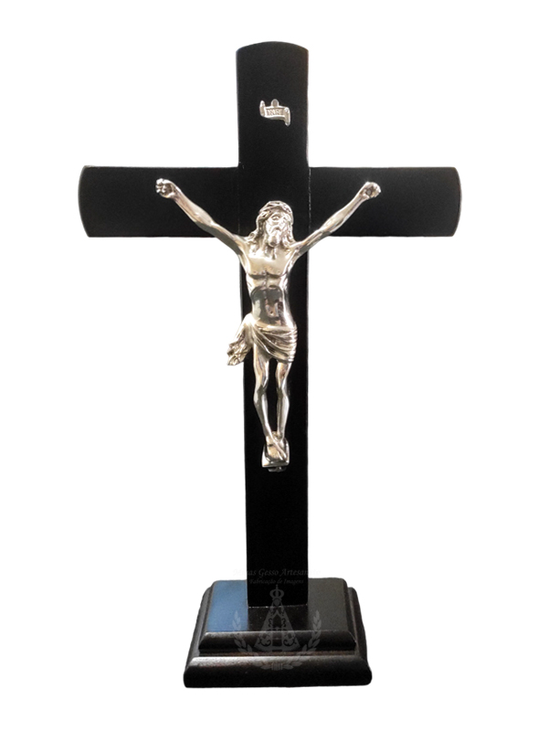 Crucifixo Madeira Cristo em Estanho de Mesa 30x18 cm