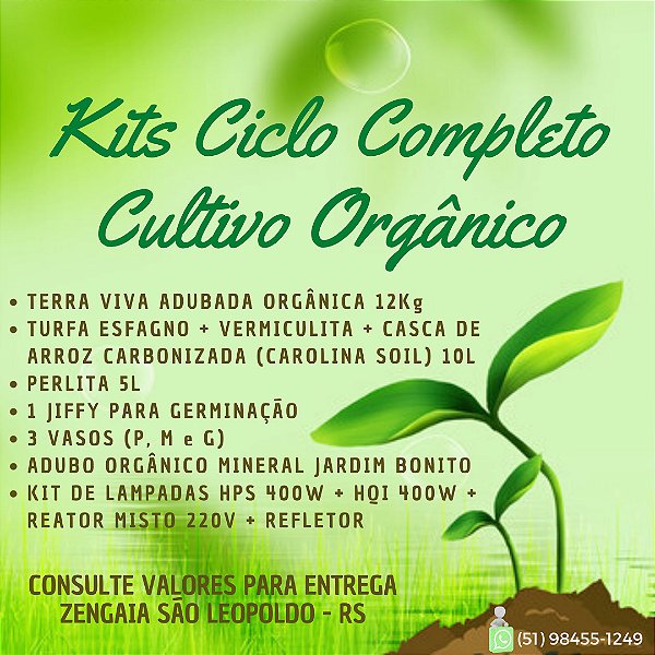 KIT 400W CULTIVO ORGÂNICO CICLO COMPLETO: Composto com Terra Viva Adubada Orgânica + Perlita + Vermiculita + Turfa de Esfagno + Jiffy + 3 Vasos P M G + Adubo Orgânico Mineral Jardim Bonito + Kit Lampadas HPS 400W + HQI 400W + Reator Misto 220V + Refletor