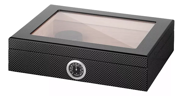 Umidor de Charutos Carbon com Tampa de Vidro - Ate 25 Charutos