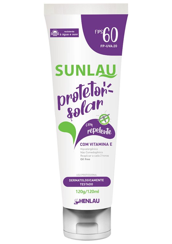 PROTETOR SOLAR SUNLAU FPS60 COM REPELENTE UVA/UVB HENLAU 120g