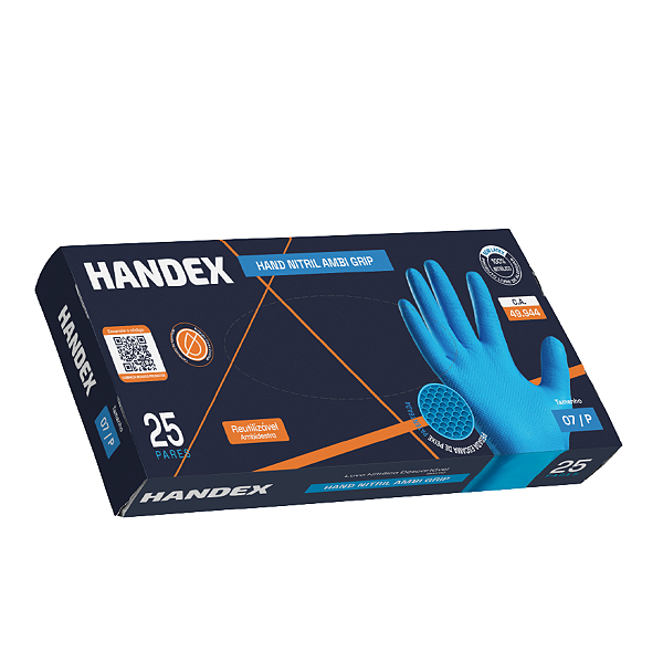 LUVA NITRIL HANDEX AMBIGRIP AZUL CAIXA C/ 25 PARES CA 49944