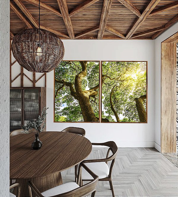Duo de Quadros Árvores e Céu de Floresta Folhas Sol Canvas Com Moldura