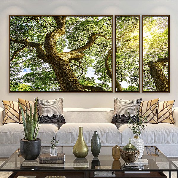 Trio Estilizado de Quadros Árvores e Céu de Floresta Folhas Sol Canvas Com Moldura