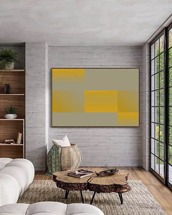 Quadro Abstrato Geométrico Degradê Amarelo Mostarda Cinza Canvas Com Moldura
