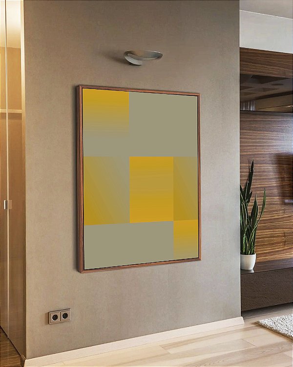 Quadro Vertical Abstrato Geométrico Degradê Amarelo Mostarda Cinza Canvas Com Moldura