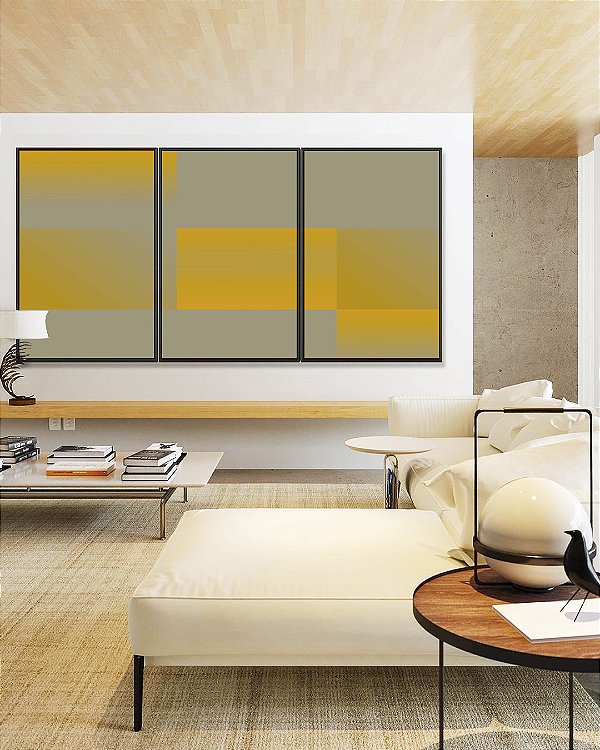 Trio de Quadros Abstrato Geométrico Degradê Amarelo Mostarda Cinza Canvas Com Moldura