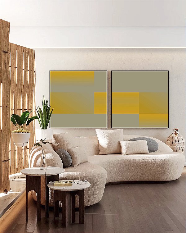 Duo de Quadros Abstrato Geométrico Degradê Amarelo Mostarda Cinza Canvas Com Moldura