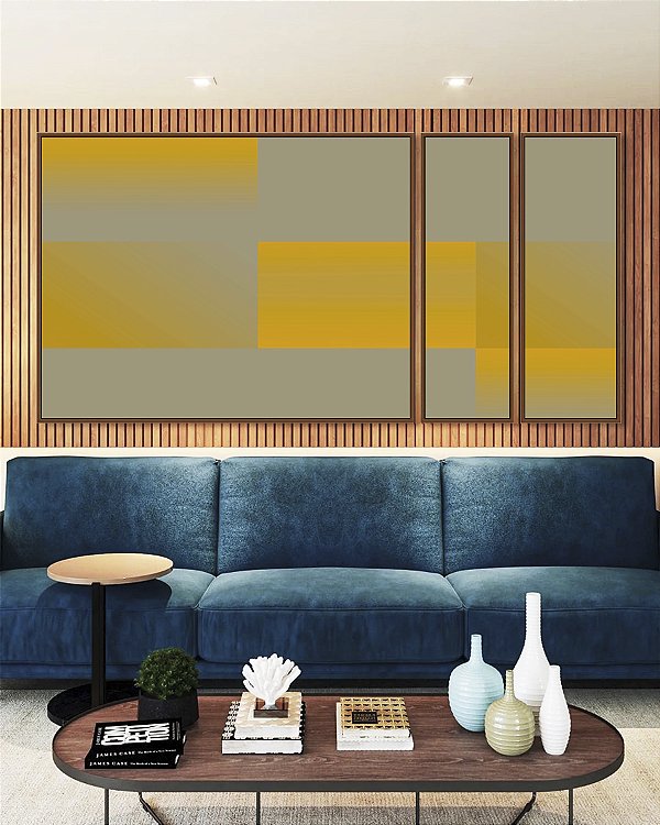 Trio Estilizado de Quadros Abstrato Geométrico Degradê Amarelo Mostarda Cinza Canvas Com Moldura