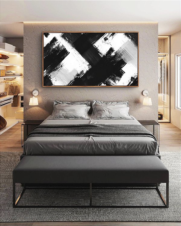 Quadro Horizontal Abstrato Preto e Branco Arte Efeito Pintura Canvas Com Moldura