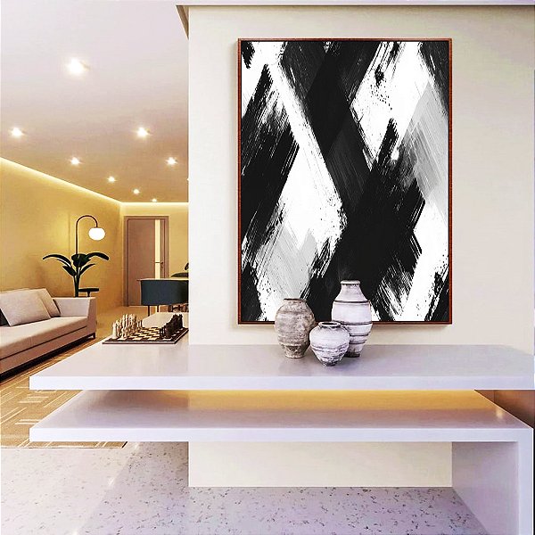 Quadro Vertical Abstrato Preto e Branco Arte Efeito Pintura Canvas Com Moldura