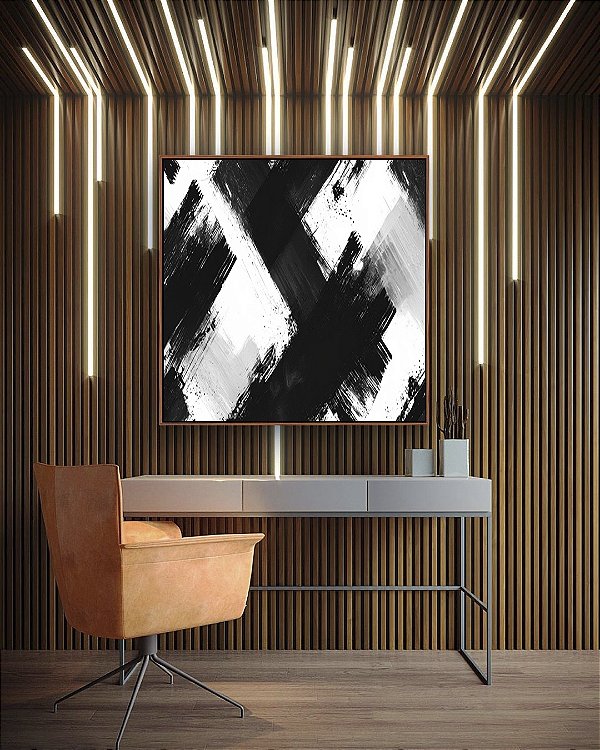 Quadro Quadrado Abstrato Preto e Branco Arte Efeito Pintura Canvas Com Moldura