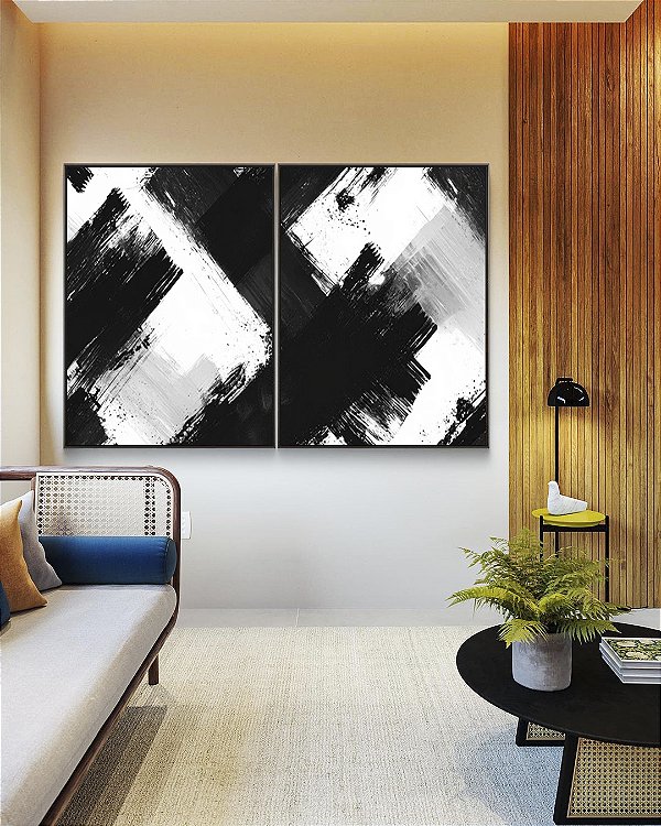 Duo de Quadros Abstrato Preto e Branco Arte Efeito Pintura Canvas Com Moldura