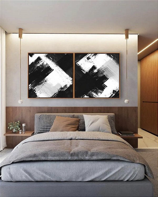 Duo de Quadros Quadrados Abstrato Preto e Branco Arte Efeito Pintura Canvas Com Moldura