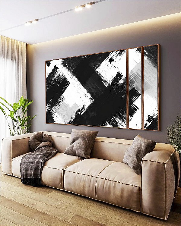 Trio Estilizado de Quadros Abstrato Preto e Branco Arte Efeito Pintura Canvas Com Moldura