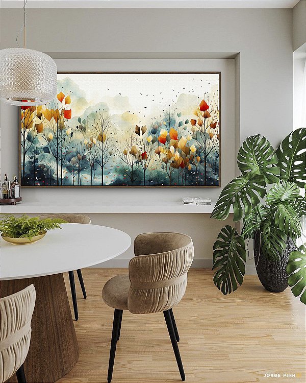 Quadro de Floresta em Outono Colorida Folhas e Flores Árvores Abstrata em Canvas Moldura
