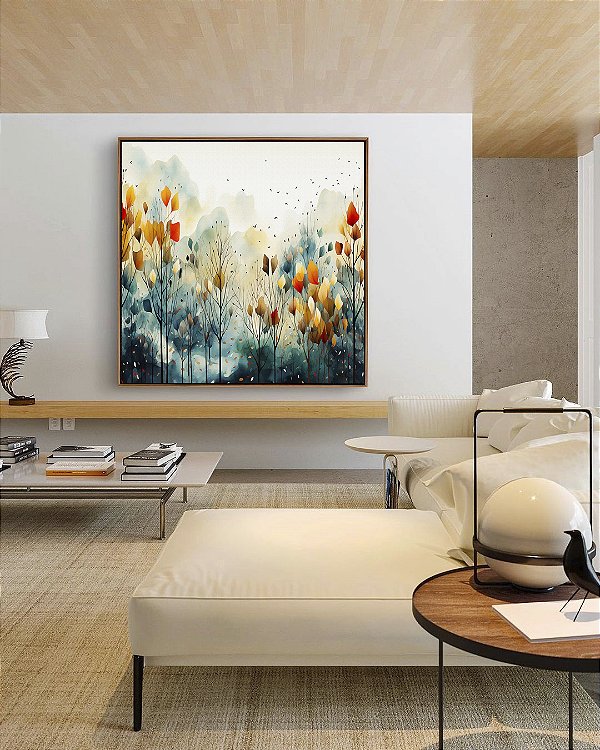 Quadro Quadrado Floresta em Outono Colorida Folhas e Flores Árvores Abstrata em Canvas Moldura