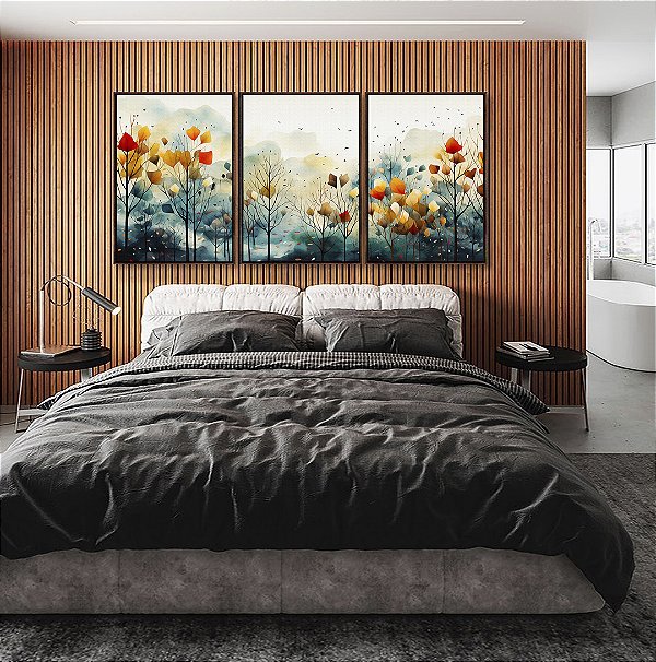 Trio de Quadros de Floresta em Outono Colorida Folhas e Flores Árvores Abstrata em Canvas Moldura
