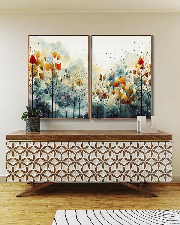 Duo de Quadros de Floresta em Outono Colorida Folhas e Flores Árvores Abstrata em Canvas Moldura