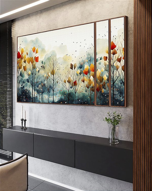 Trio de Quadros Estilizados de Floresta em Outono Colorida Folhas Árvores Abstrata em Canvas Moldura