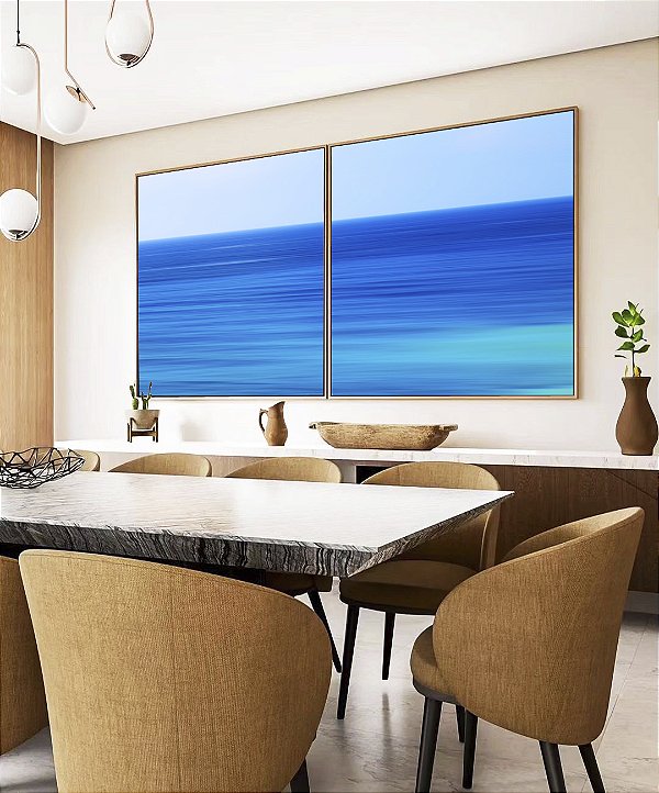 Duo de Quadros Quadrados Mar Calmo em Tons de Azul Canvas Com Moldura