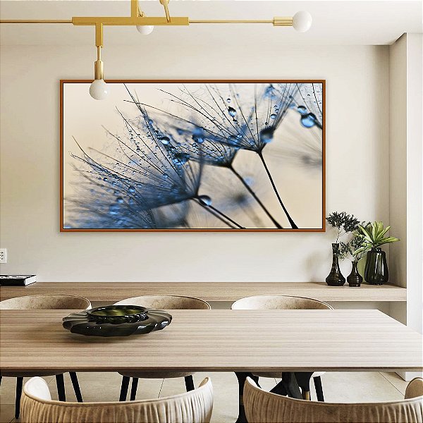 Quadro Horizontal Dente de Leão Flor Planta Natureza em Tons de Azul Canvas Com Moldura