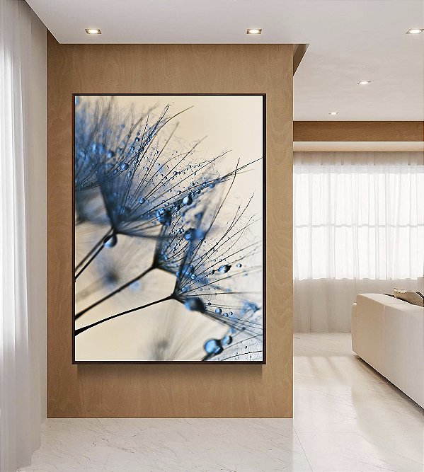 Quadro Vertical Dente de Leão Flor Planta Natureza em Tons de Azul Canvas Com Moldura