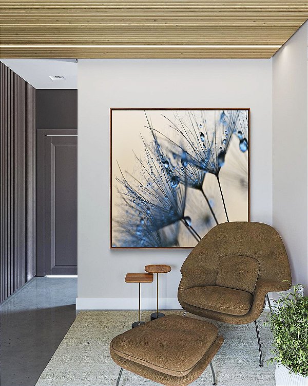 Quadro Quadrado Dente de Leão Flor Planta Natureza em Tons de Azul Canvas Com Moldura